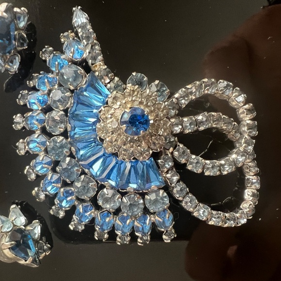Vintage Rare Early Sherman Brooch Earrings Dome Signed Blue Rhinestones - Picture 6 of 17
